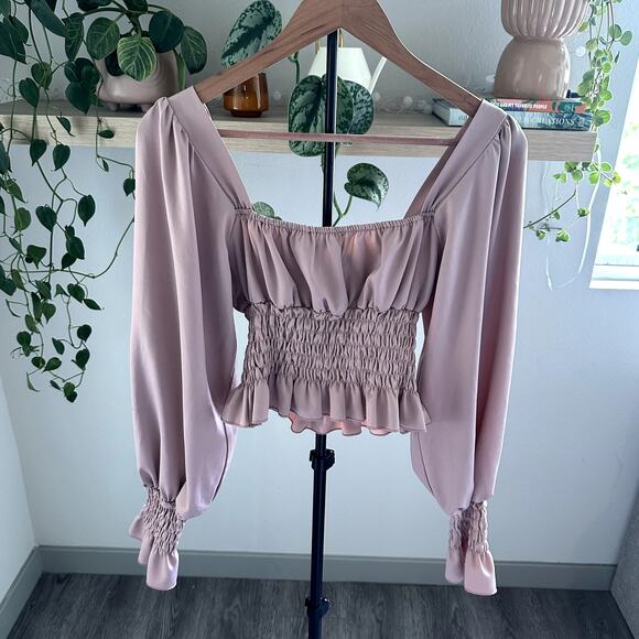 HYFVE Off Shoulder Smocked Blouse Size L Dusty Rose Peasant Boho Chic Brunch - Picture 2 of 6